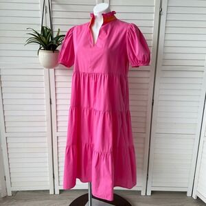 Avara Pink Tiered‎ Everly Midi Dress Short Puff Sleeve Ruffle Cotton Size S